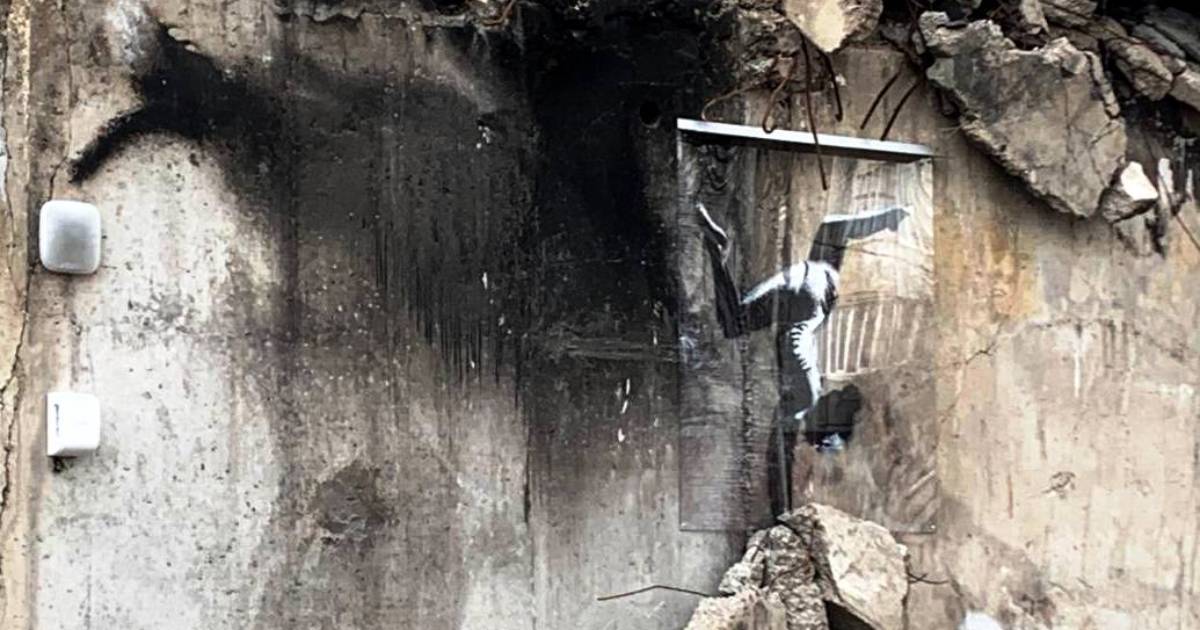 Banksy’s graffiti in Borodyanka was covered with protective glass.  PHOTO