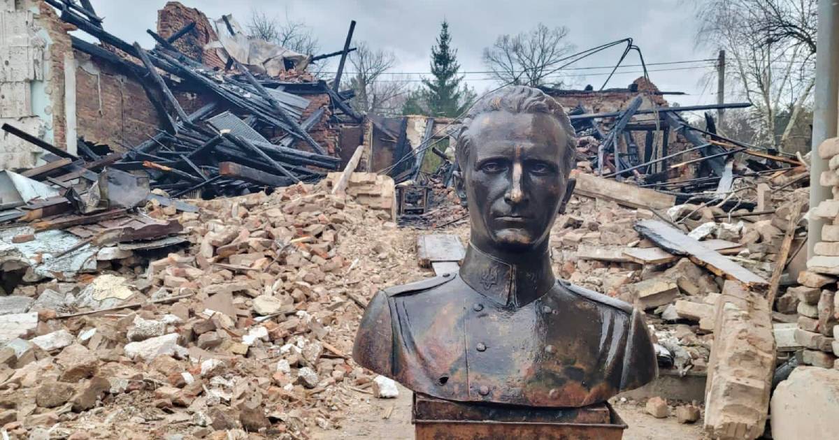 In Lviv, the surviving bust of Shukhevich was retrieved from the rubble of the museum.  VIDEO